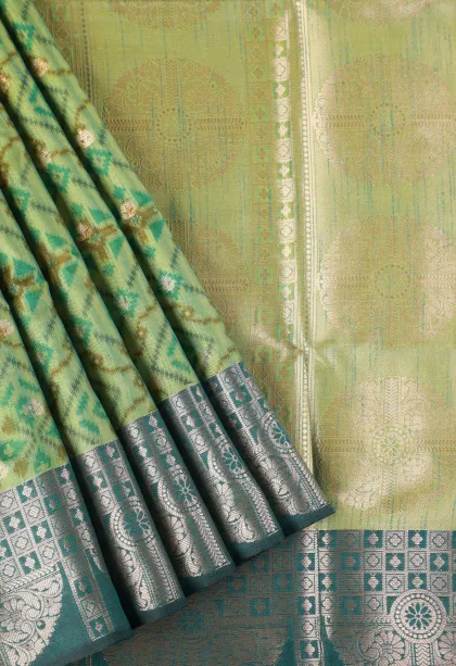 Pear Green Semi Tussar Silk with Bronze Zari Geometric Shapes
