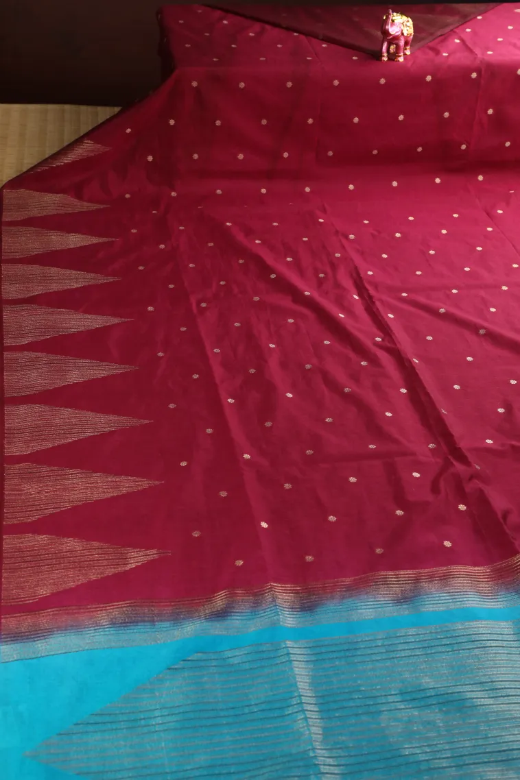 Cherry Red Semi Raw Silk Printed with Gold Zari Buttis (small Dots Or Motifs) view 2