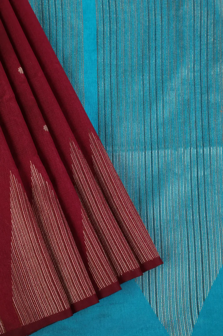 Cherry Red Semi Raw Silk Printed with Gold Zari Buttis (small Dots Or Motifs)