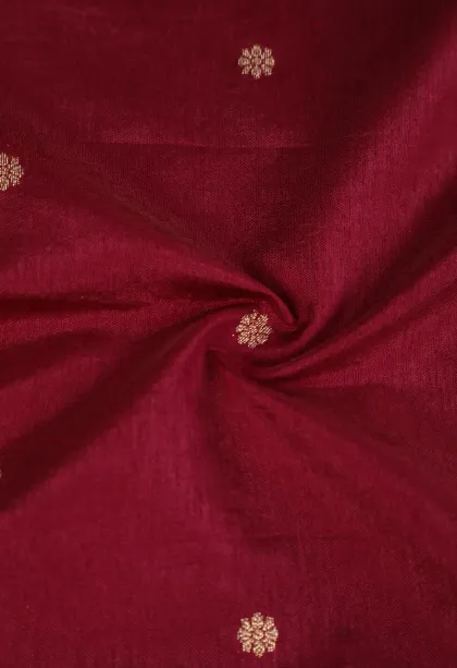 Cherry Red Semi Raw Silk Printed with Gold Zari Buttis (small Dots Or Motifs)
