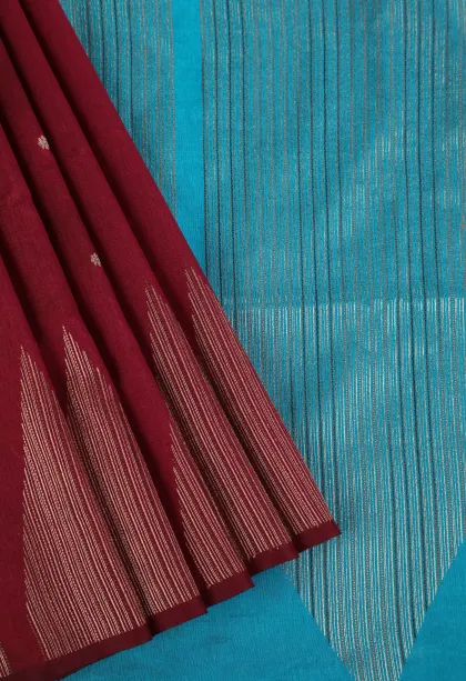 Cherry Red Semi Raw Silk Printed with Gold Zari Buttis (small Dots Or Motifs)