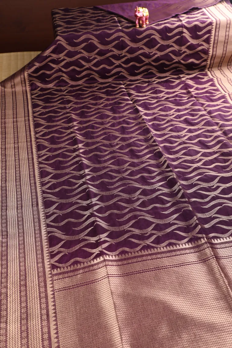 Grape Purple Banaras Sarees with Copper Zari Leaf Pattern view 2