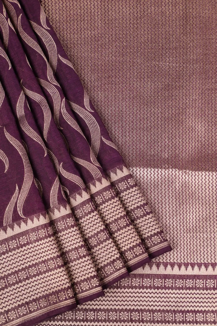 Grape Purple Banaras Sarees with Copper Zari Leaf Pattern