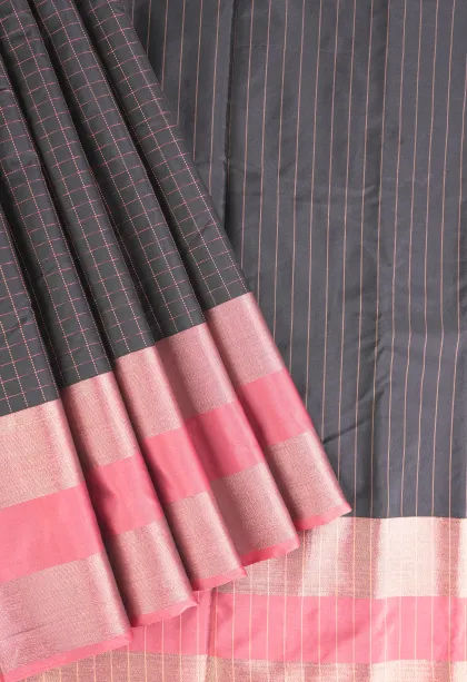 Eel Black Arani Silk Sarees with Gold Zari Small Checks Pattern