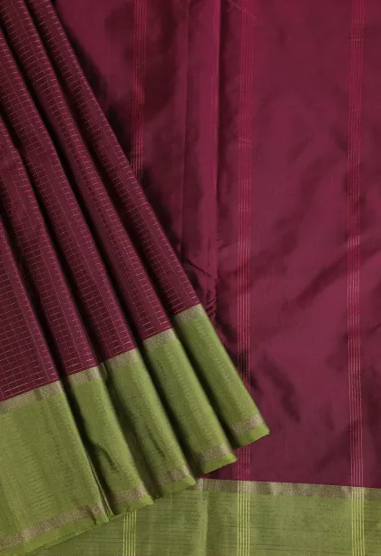 Berry Red Arani Silk Sarees with Gold Zari Small Checks Pattern