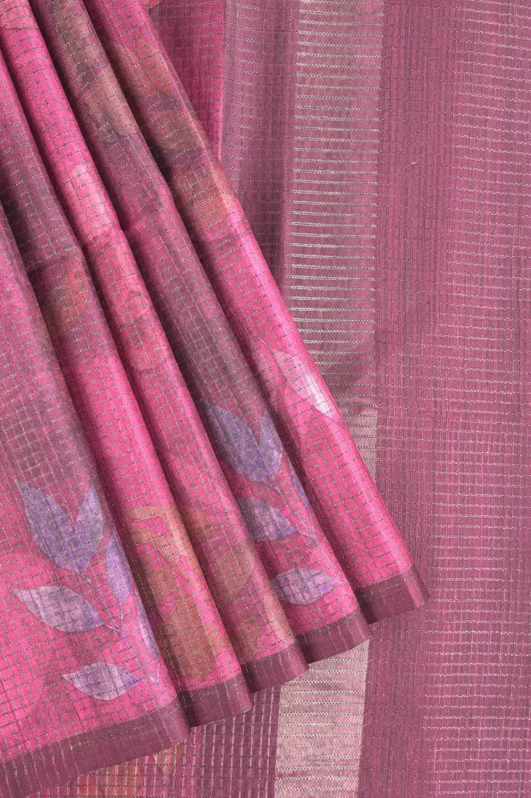 Magenta Purple Tussar Saree with Antic Zari Small Checks Pattern view 1