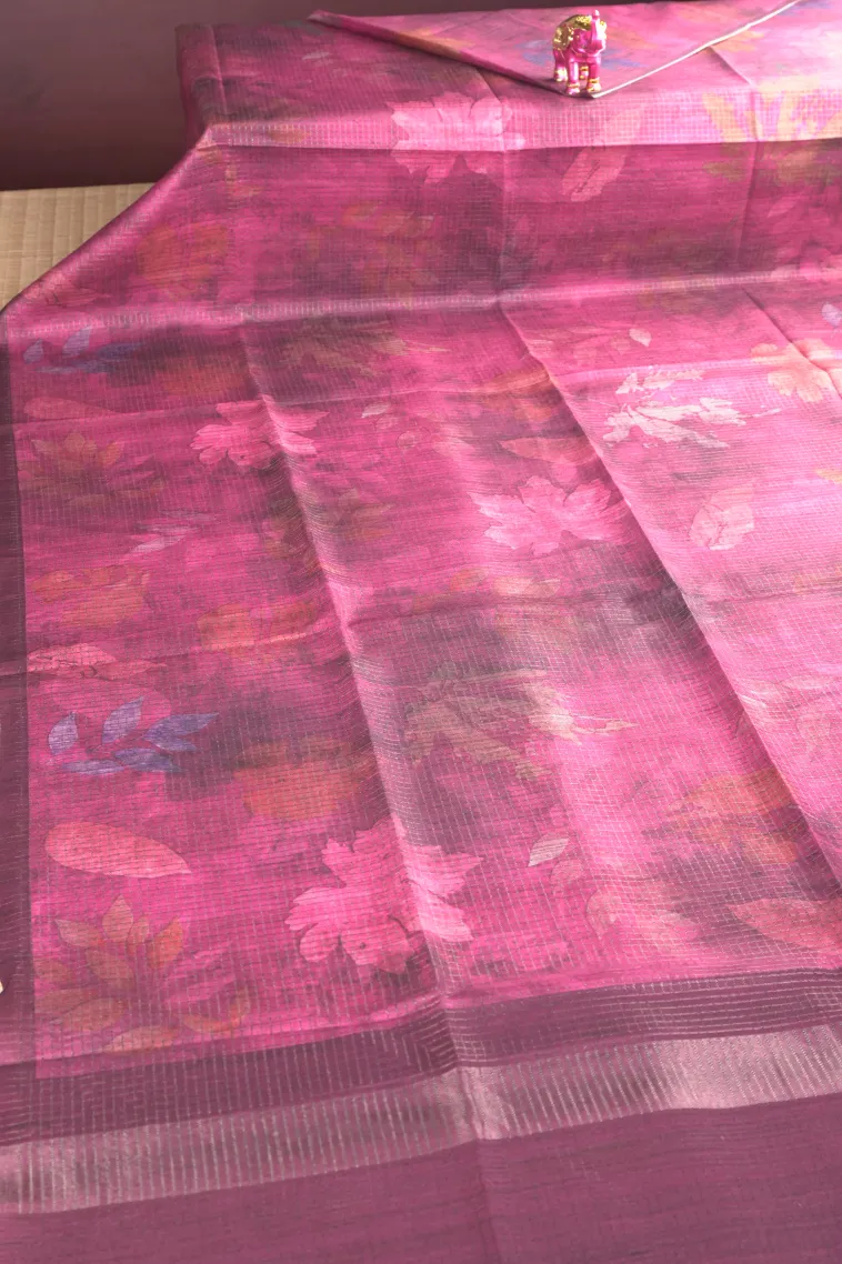 Magenta Purple Tussar Saree with Antic Zari Small Checks Pattern view 2