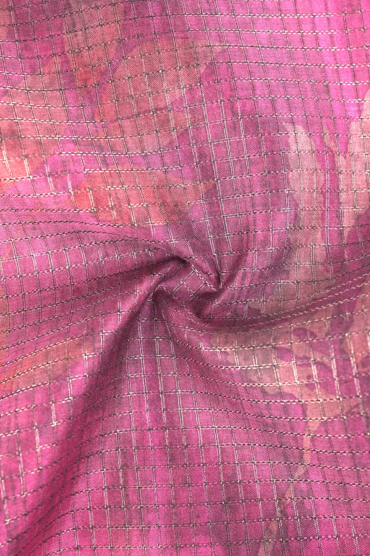 Magenta Purple Tussar Saree with Antic Zari Small Checks Pattern view 4
