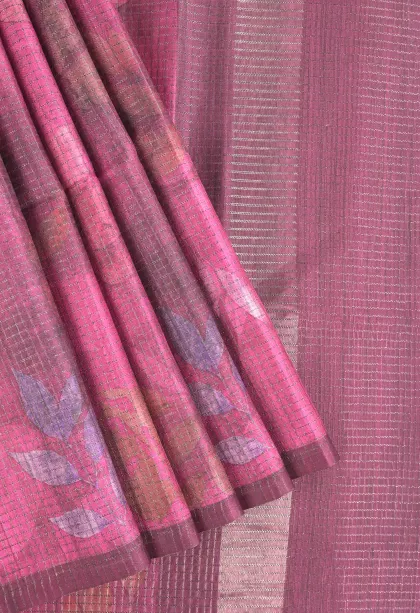 Magenta Purple Tussar Saree with Antic Zari Small Checks Pattern