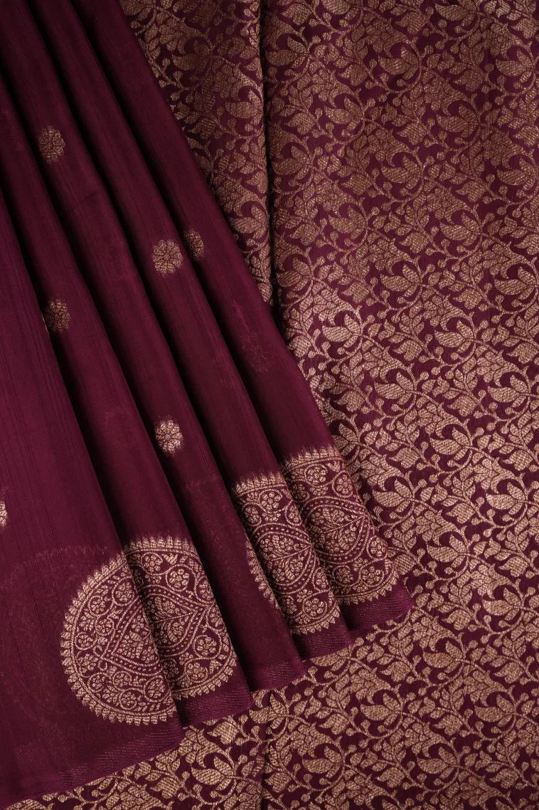 Magenta Purple Banaras Sarees with Gold Zari Buttis (small Dots Or Motifs) view 1