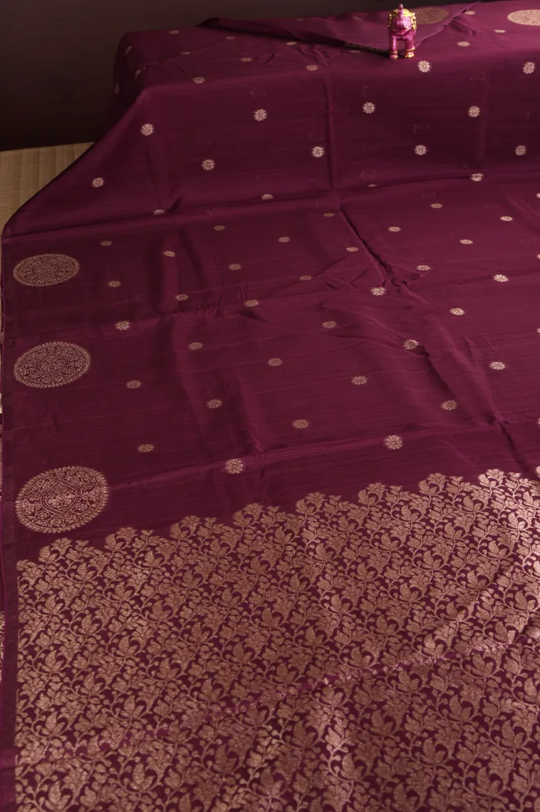 Magenta Purple Banaras Sarees with Gold Zari Buttis (small Dots Or Motifs) view 2