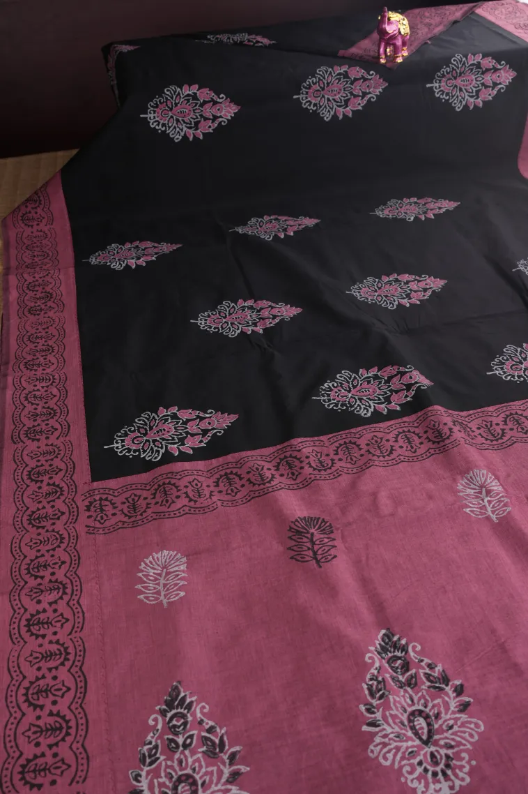 Asphalt Black Poly Cotton Sarees Without Zari With Flower Mottif view 2