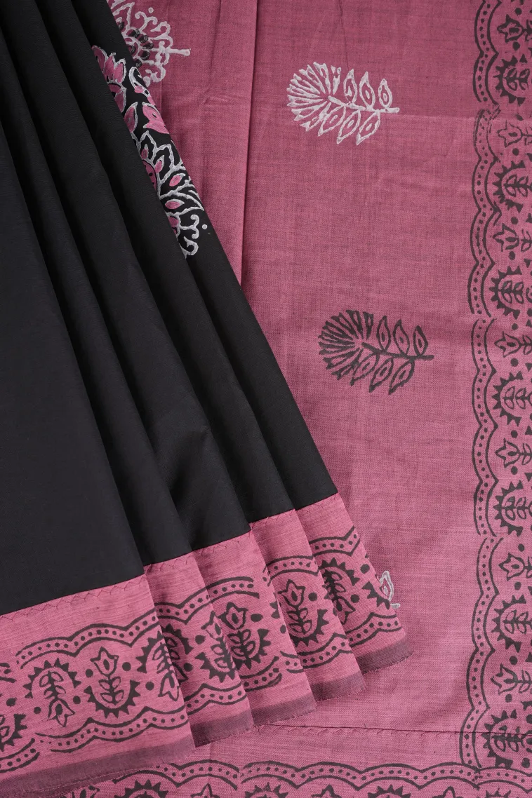 Asphalt Black Poly Cotton Sarees Without Zari With Flower Mottif view 1