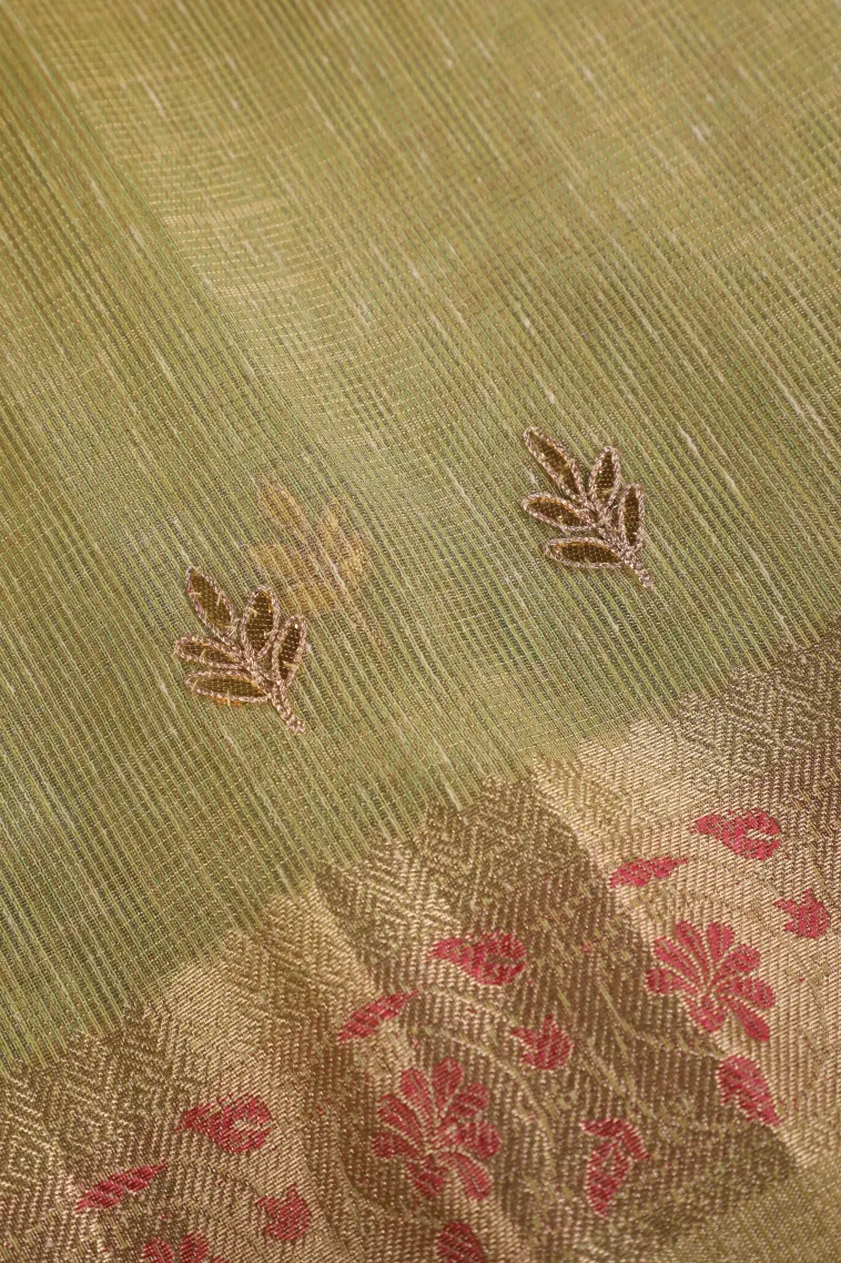 Lime Green Tissue Silk Sarees with Gold Zari Leaf Puttas view 3