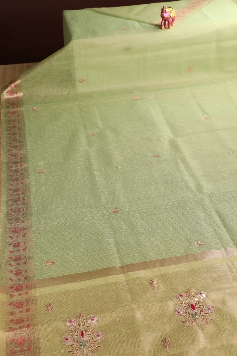 Lime Green Tissue Silk Sarees with Gold Zari Leaf Puttas view 2