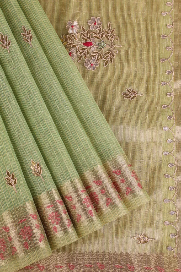 Lime Green Tissue Silk Sarees with Gold Zari Leaf Puttas