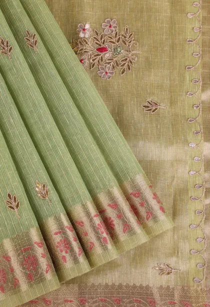 Lime Green Tissue Silk Sarees with Gold Zari Leaf Puttas