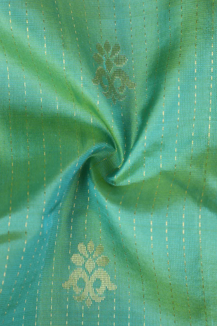 Sky Blue Soft Silk Saree with Gold Zari Stripes And Puttas view 4