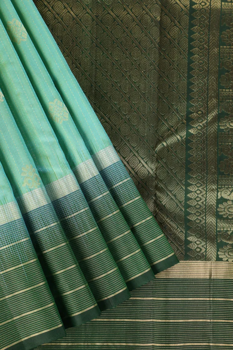 Sky Blue Soft Silk Saree with Gold Zari Stripes And Puttas