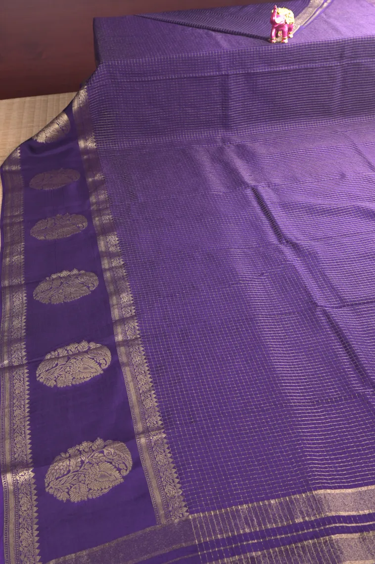 Viola Purple Banaras Sarees with Gold Zari Small Checks Pattern view 2