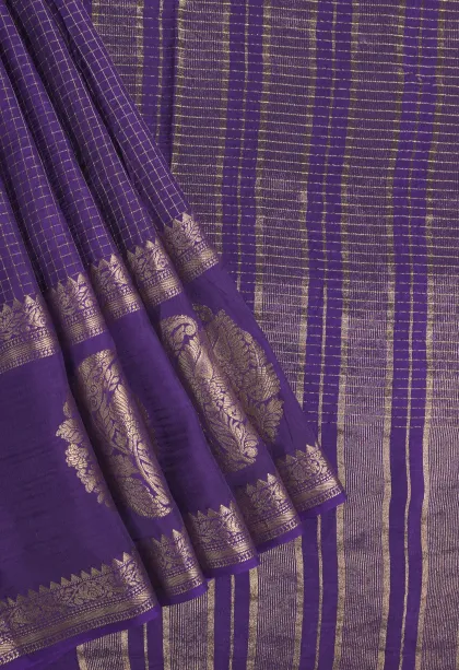 Viola Purple Banaras Sarees with Gold Zari Small Checks Pattern
