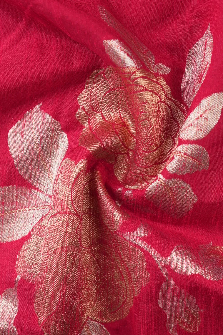 Punch Pink Jute Sarees with Gold And Silver Zari Flower Mottif view 4