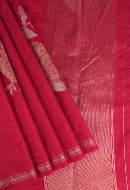 Punch Pink Jute Sarees with Gold And Silver Zari Flower Mottif