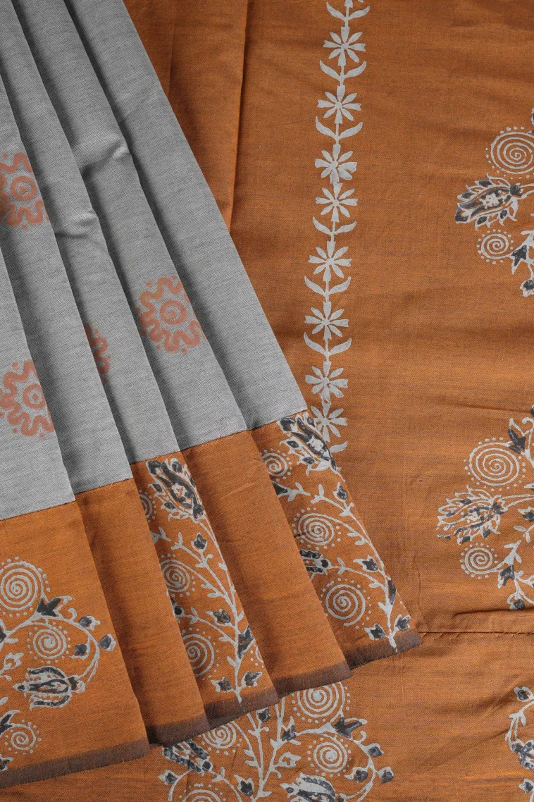 Gray Black Poly Cotton Sarees Without Zari With Rangoli Pattren view 1