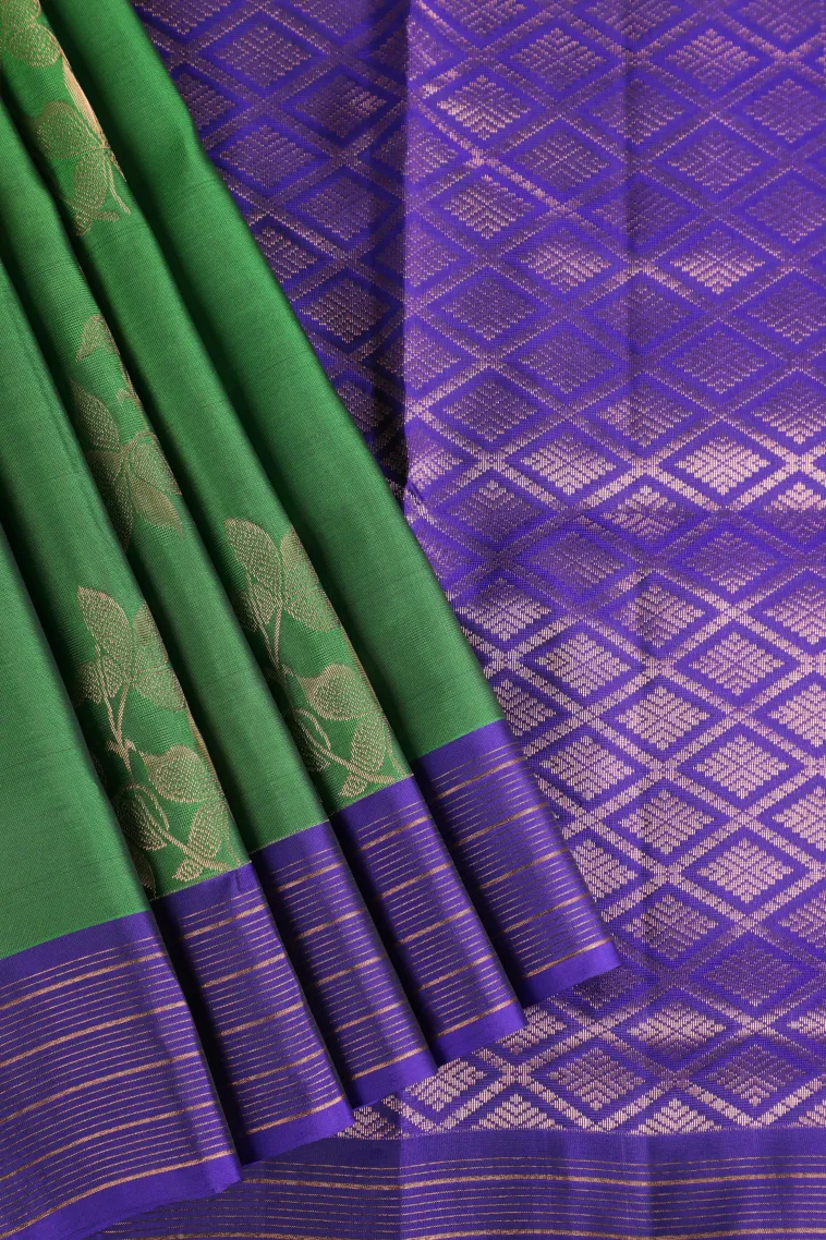 Emerald Green Soft Silk Saree with Gold Zari Flower Mottif