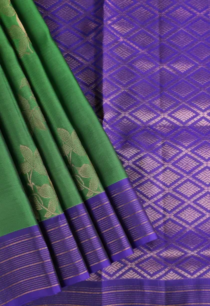 Emerald Green Soft Silk Saree with Gold Zari Flower Mottif