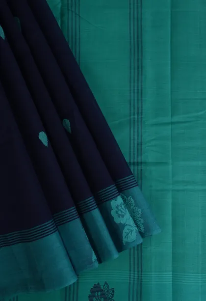 Indigo Blue Kanchi Cotton Sarees Without Zari With Buttis (small Dots Or Motifs)