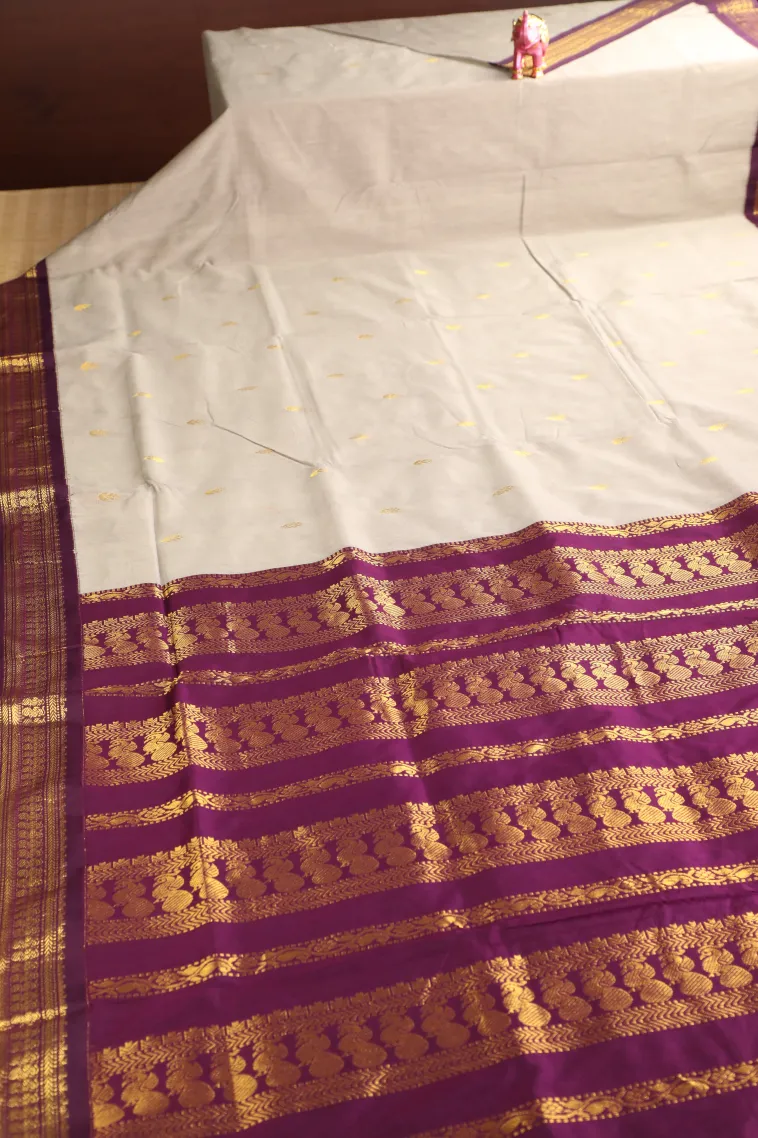 Smoke White Kalyani Cotton with Gold Zari Buttis (small Dots Or Motifs) view 2