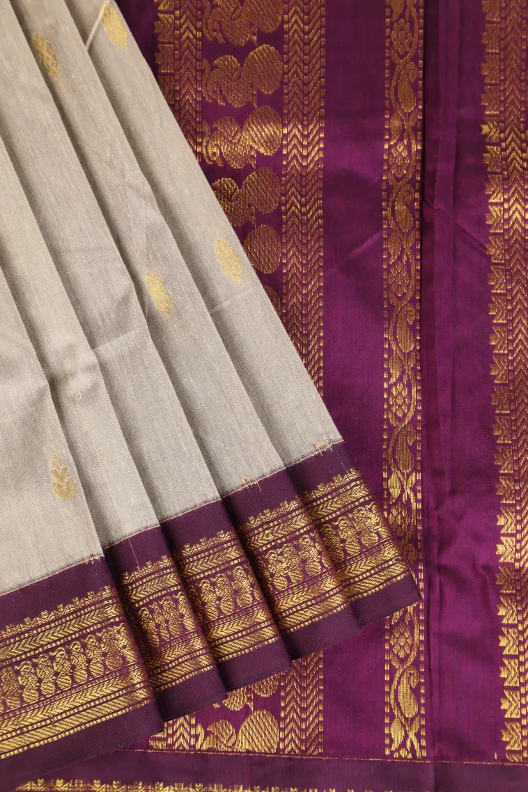 Smoke White Kalyani Cotton with Gold Zari Buttis (small Dots Or Motifs)