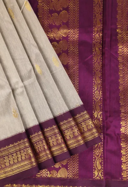 Smoke White Kalyani Cotton with Gold Zari Buttis (small Dots Or Motifs)
