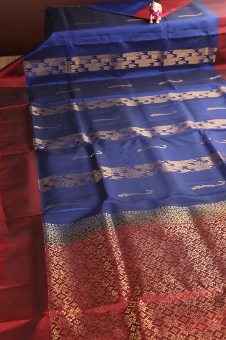 Navy Blue Soft Silk Saree with Gold Zari Stripes And Puttas view 2