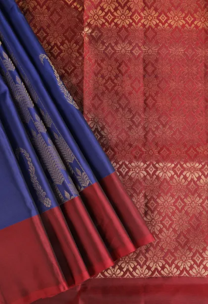 Navy Blue Soft Silk Saree with Gold Zari Stripes And Puttas