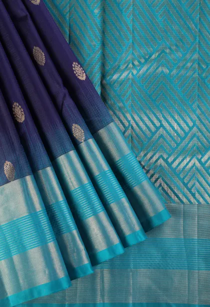 Berry Blue Soft Silk Saree with Gold Zari Buttis (small Dots Or Motifs)