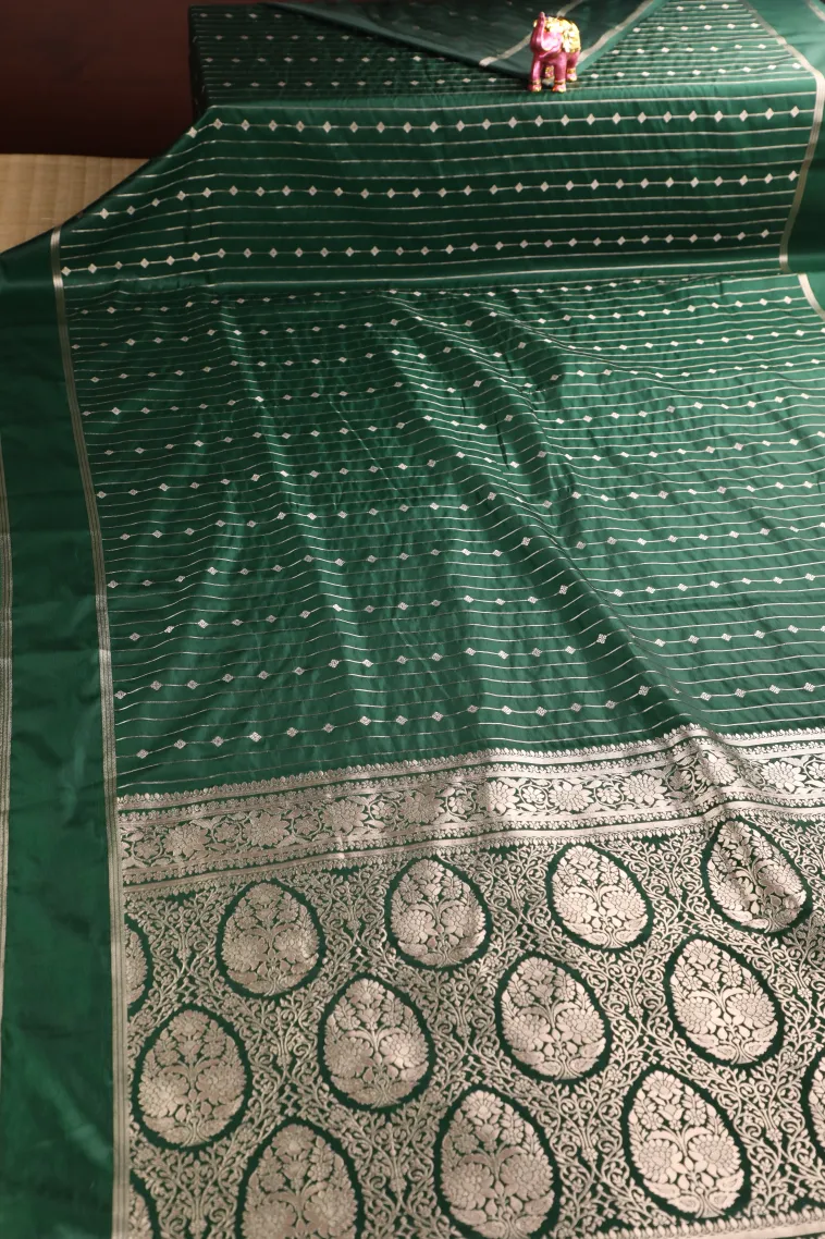Bottle Green Mysore Silk with Bronze Zari Stripes And Puttas view 2