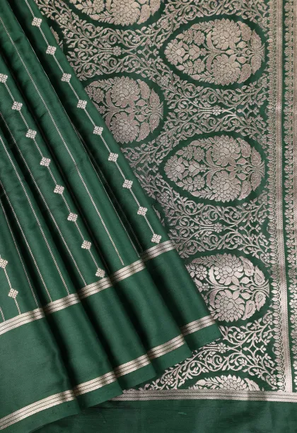Bottle Green Mysore Silk with Bronze Zari Stripes And Puttas