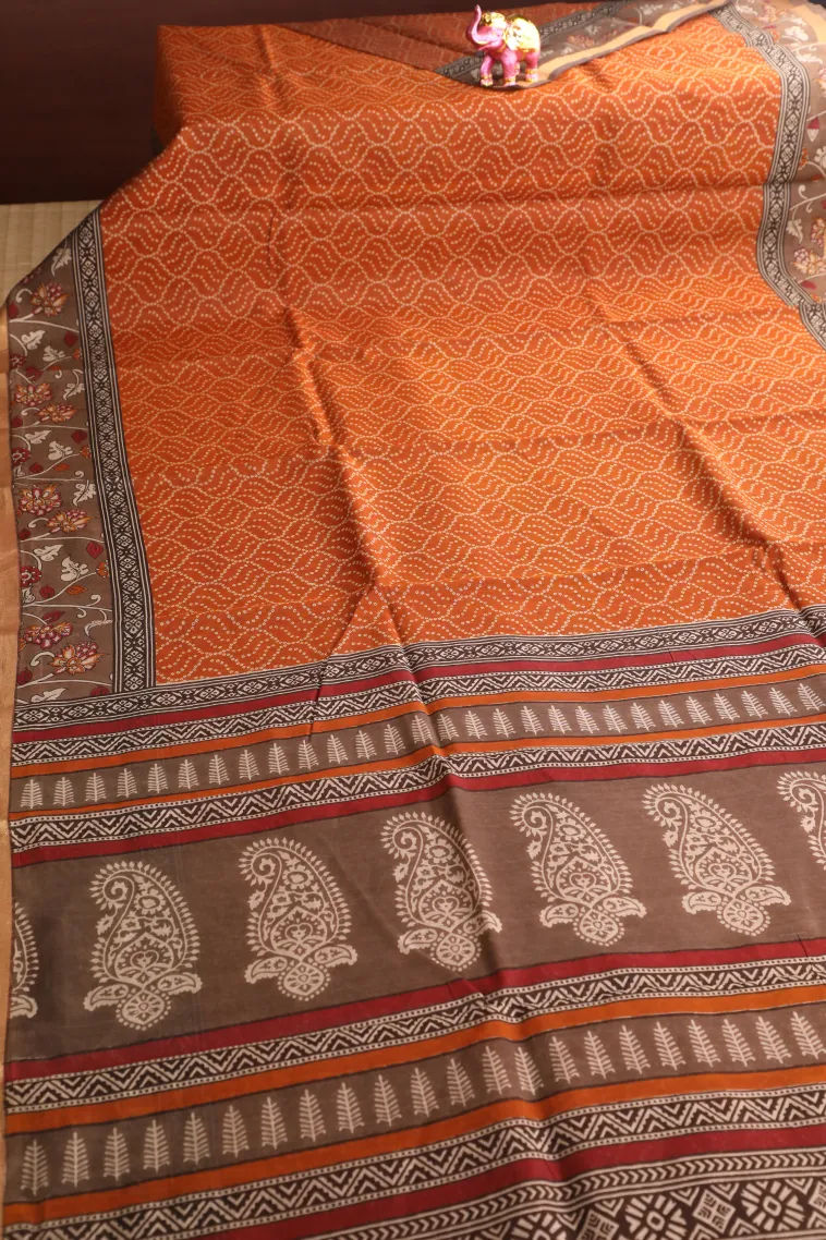Carrot Orange Chanderi Cotton Sarees Without Zari With Pathik Motifs view 2