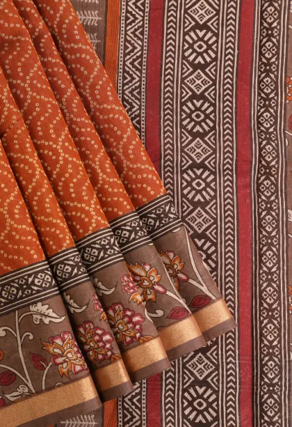 Carrot Orange Chanderi Cotton Sarees Without Zari With Pathik Motifs