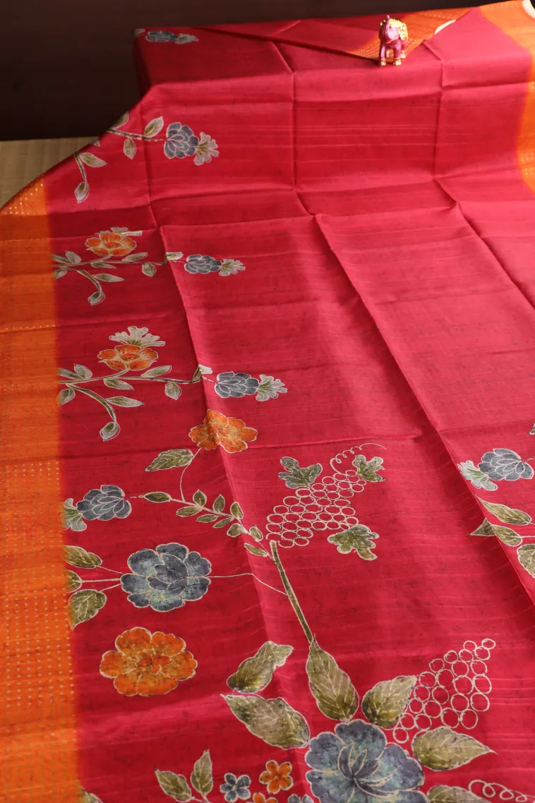 Punch Pink Tussar Saree Without Zari With Flower Mottif view 2