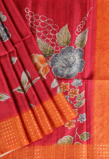 Punch Pink Tussar Saree Without Zari With Flower Mottif