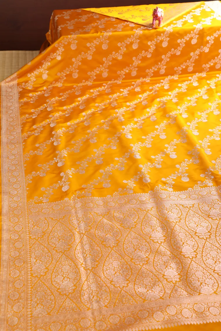 Lemon Yellow Tissue Banaras with Gold Zari Floral Patterns view 2