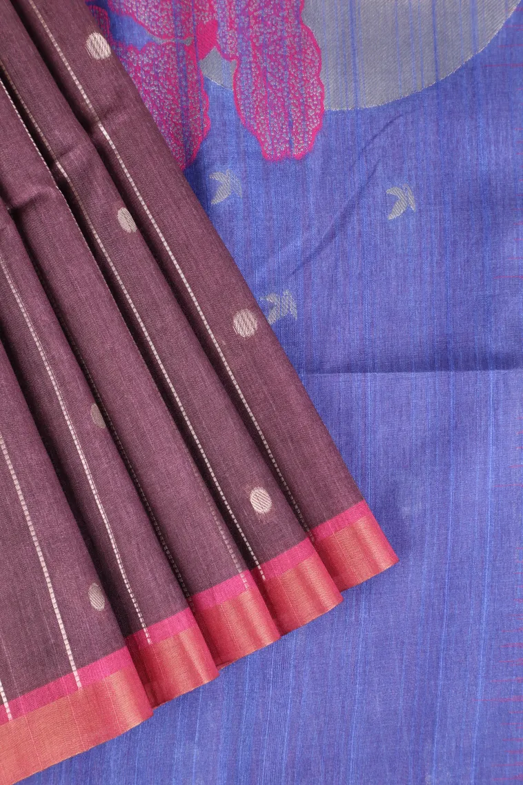 Grape Purple Tussar Saree with Bronze Zari Stripes And Puttas