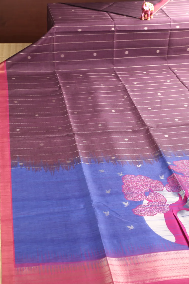 Grape Purple Tussar Saree with Bronze Zari Stripes And Puttas view 2