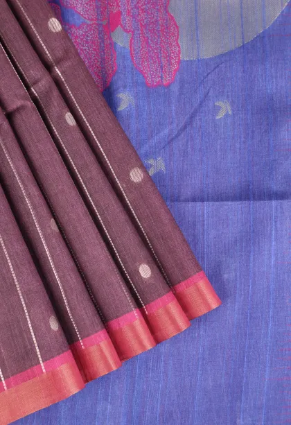 Grape Purple Tussar Saree with Bronze Zari Stripes And Puttas