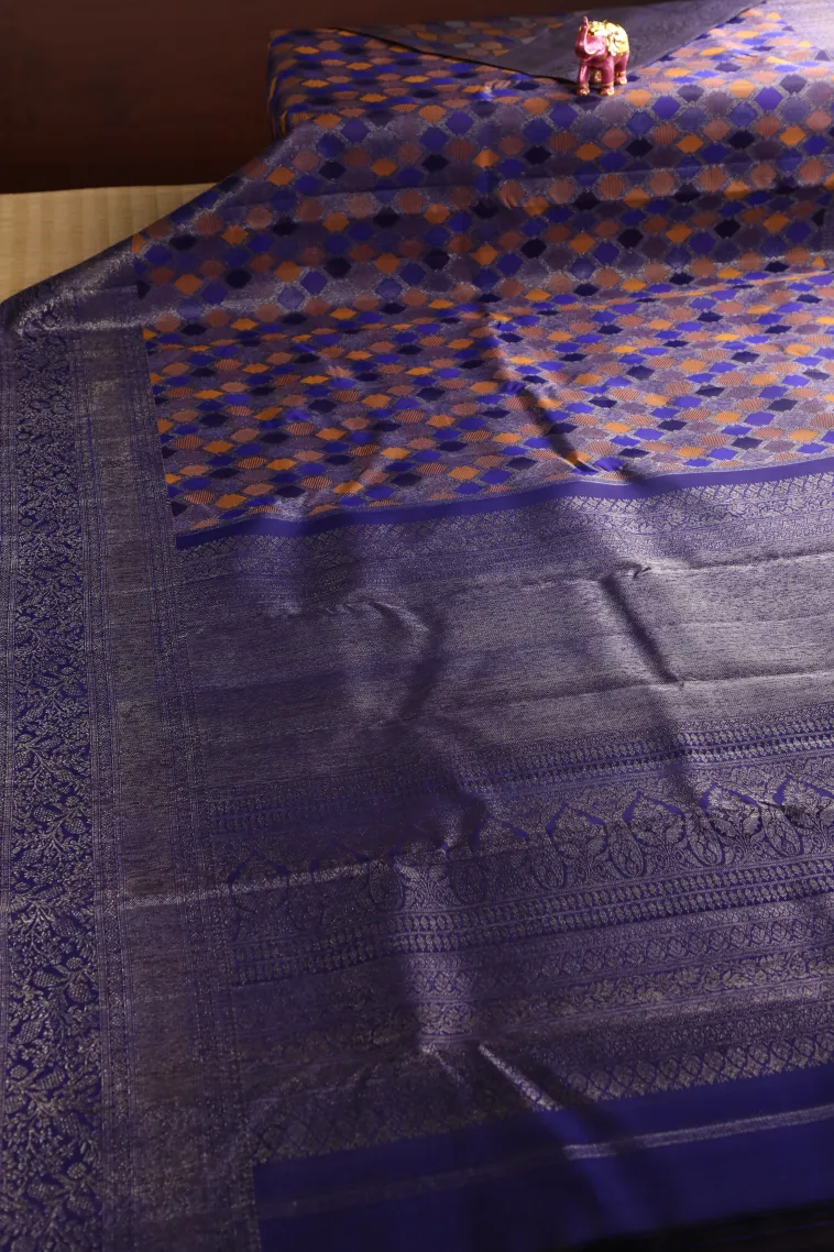 Indigo Blue Kanchipuram Silk Sarees with Antic Zari Geometric Shapes view 2