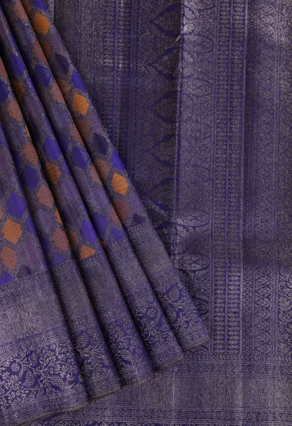 Indigo Blue Kanchipuram Silk Sarees with Antic Zari Geometric Shapes