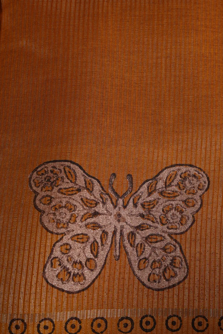 Ginger Orange Tussar Saree with Gold And Silver Zari Stripes view 3